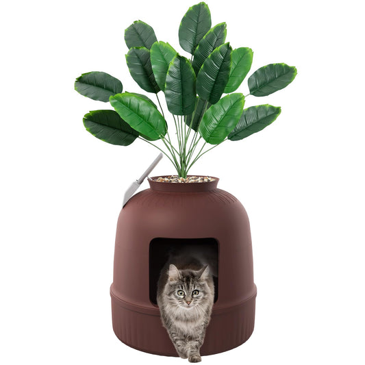 Lifewit Caja de Arena con Planta sintética y Pala para Gatos Grandes, Bandeja de Arena Oculta en Esquina con Control de olores y Filtro de Carbono en salón/Dormitorio/baño, Marrón