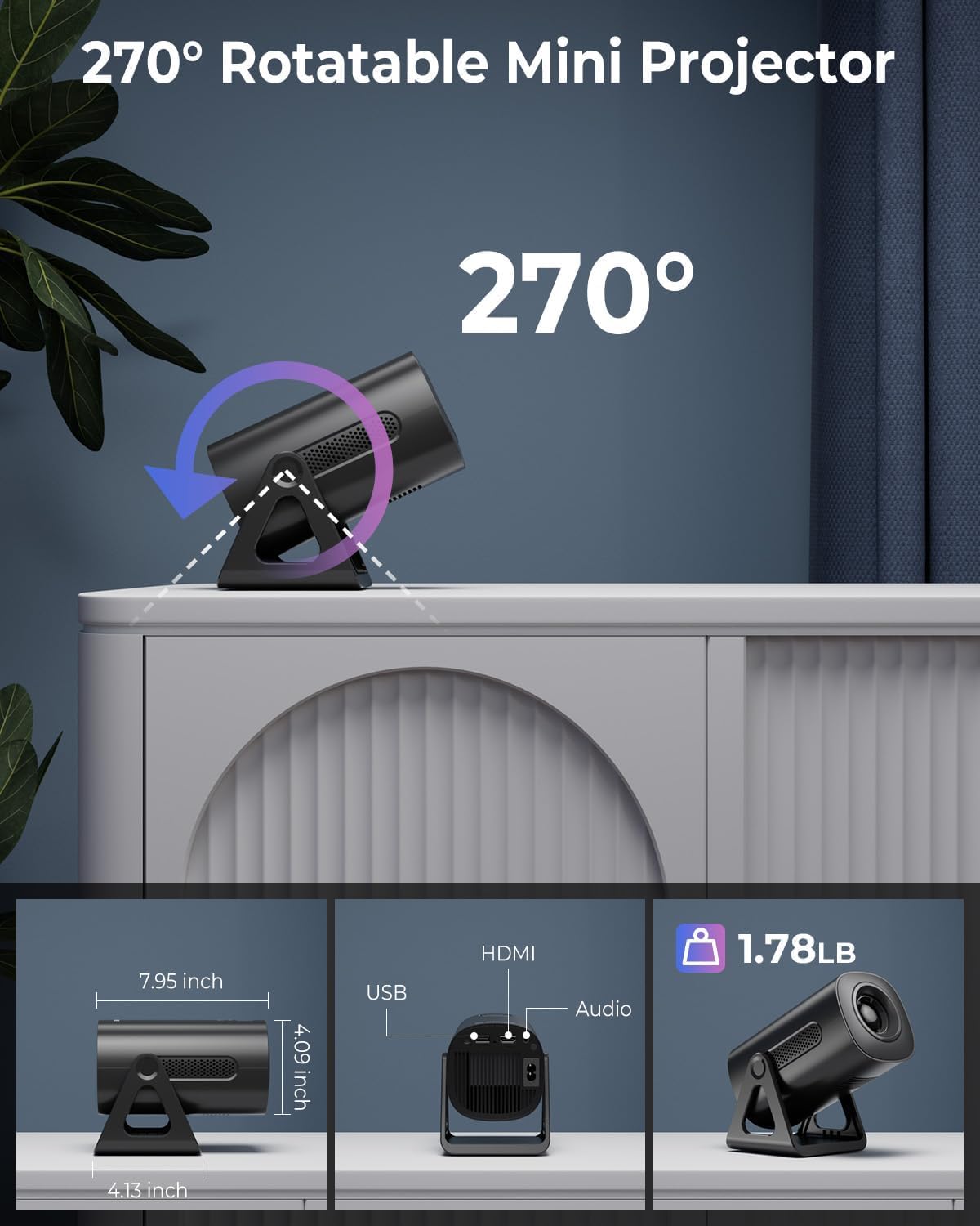 CLOKOWE Mini proyector, 4K 1080P compatible con proyector wifi y bluetooth, soporte ajustable de 270° para cine en casa al aire última intervensión con Android TV OS y 8000+aplicaciones para teléfono