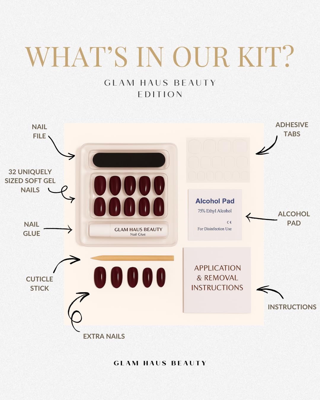 Glam Haus Beauty Uñas postizas Opulence | Acabado aterciopelado color almendra champán, calidad profesional | 16 tamaños - Kit de 32 uñas con pegamento y pestañas adhesivas