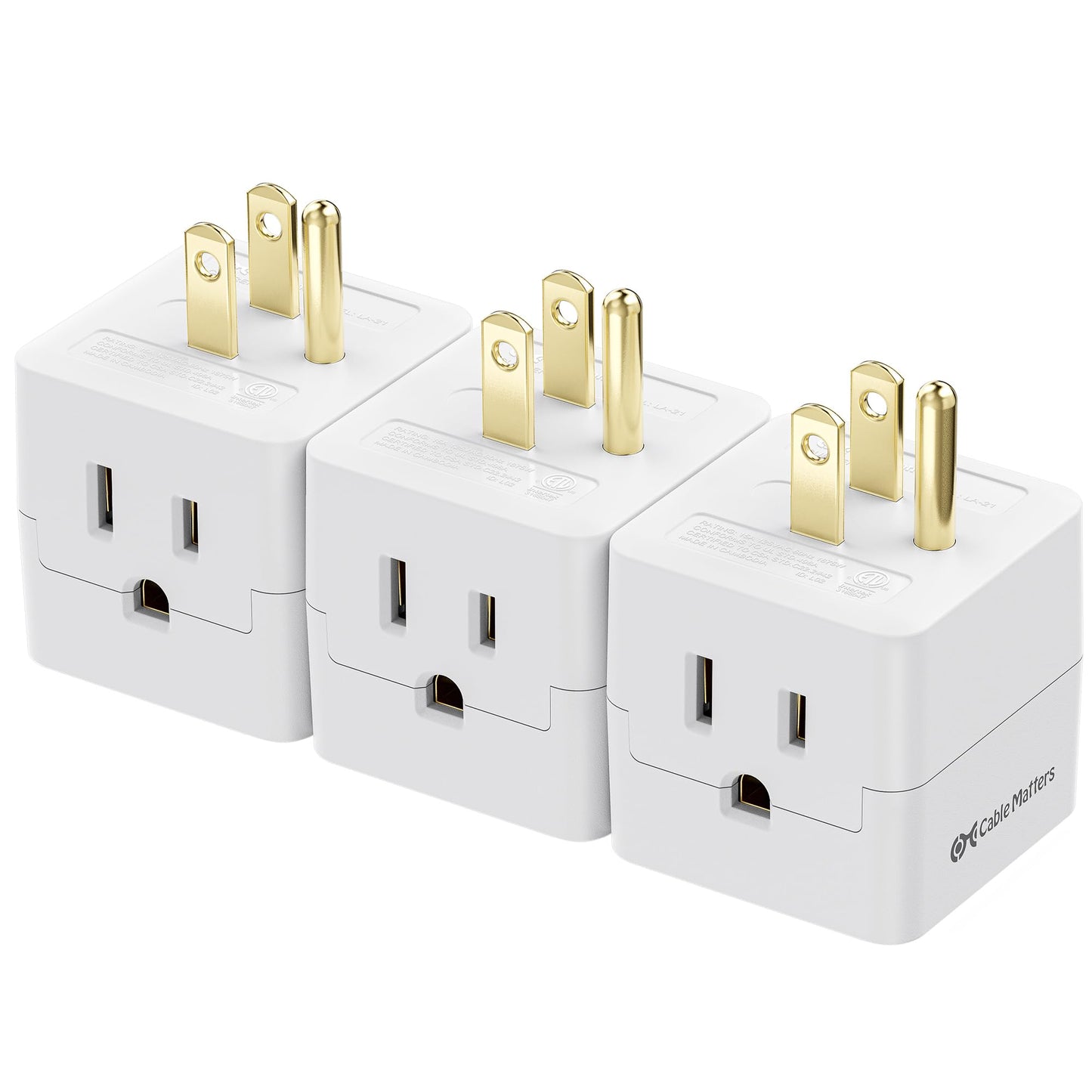 Cable Matters Paquete de 3 adaptadores Power Cube de 3 Salidas con conexión a Tierra en Blanco