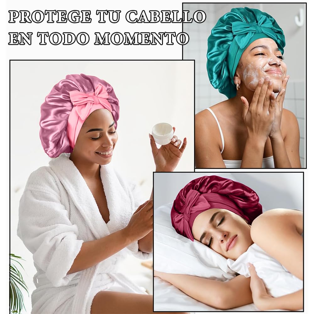 Gorro de Seda para Dormir, Para El Cabello Largo Bonnet Ajustable para Mujer，capó ajustable de satén，Capos grandes de seda satinada para dormir con correa de corbata, Adecuado para Dormir, Bañarse