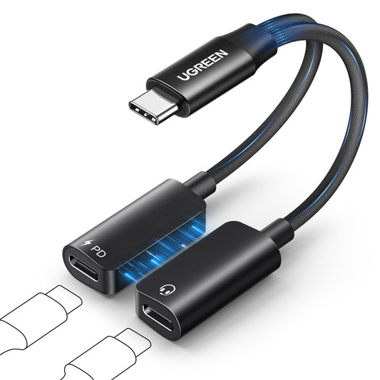 UGREEN Adaptador de Audio Tipo C de 1 Entrada y 2 Salidas, para Auriculares y Cargador con Cable de Carga Rápida PD de 60 W Compatible con iPhone 16 Pro MAX, Galaxy S25 Ultra, Pixel 9, iPad Pro/Air