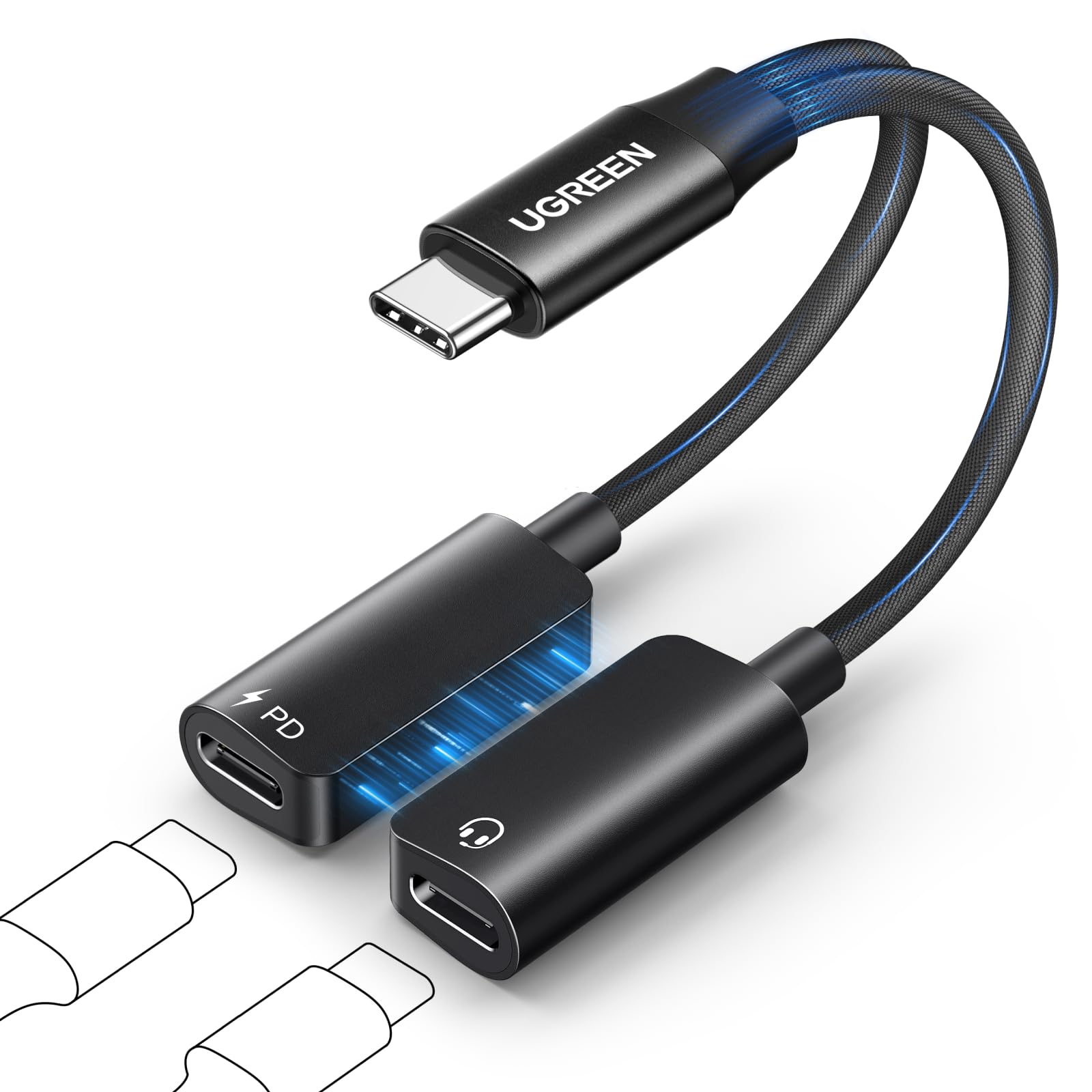Adaptador de Audio UGREEN Tipo C Negro 1 Entrada 2 Salidas para Auriculares y Cargador Carga Rápida PD 60W