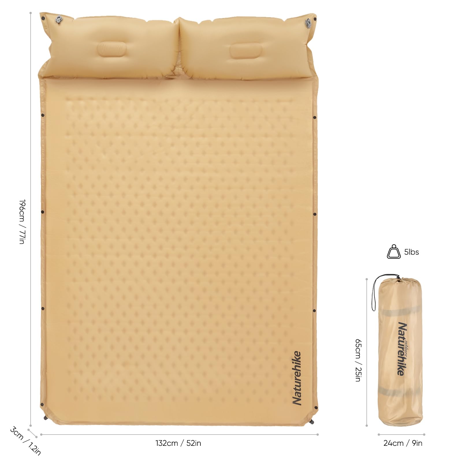 Naturehike - Cojín de Dormir autoinflable, Ultraligero de Espuma viscoelástica con Almohada, inflado rápido, Almohadilla de Dormir para Senderismo, Caravana, Camping, matrimonial, Amarillo