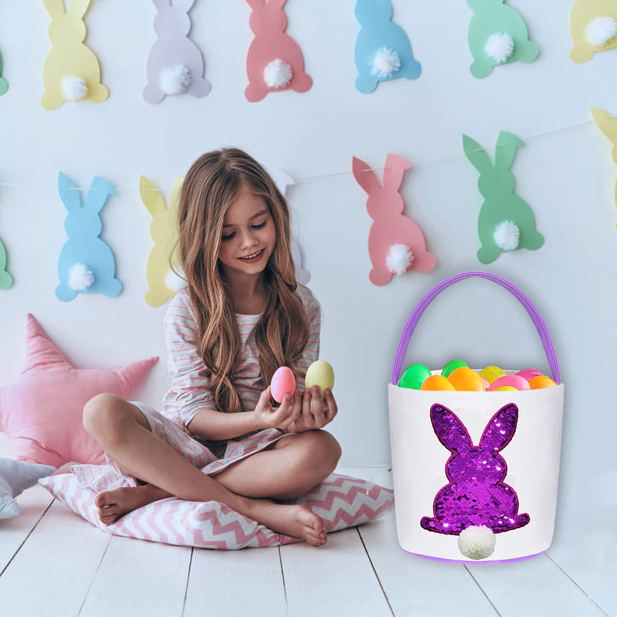 Poptrend Bolsas de cesta de Pascua, huevos de Pascua/cestas de regalo para niños, bolsa de conejo para huevos de Pascua, juguetes, caramelos, regalos (paillette morado)