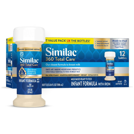 360 total care infant formula with 5 hmo prebiotics, our closest formula to breast milk, non-gmo,‡ baby formula, ready to feed, 2-fl-oz bottle, pack of 12