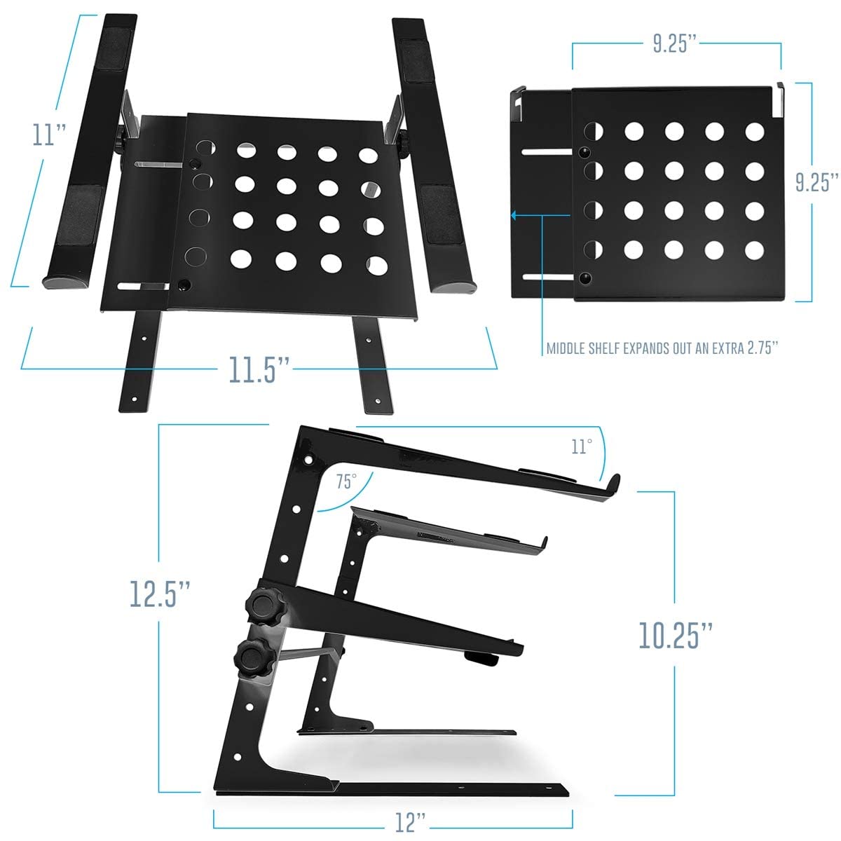 AxcessAbles - Soporte de DJ ajustable de dos niveles con abrazaderas | para controladores de DJ, mezcladores de música, portátiles de hasta 20 libras. | Soporte de driver de DJ compatible con