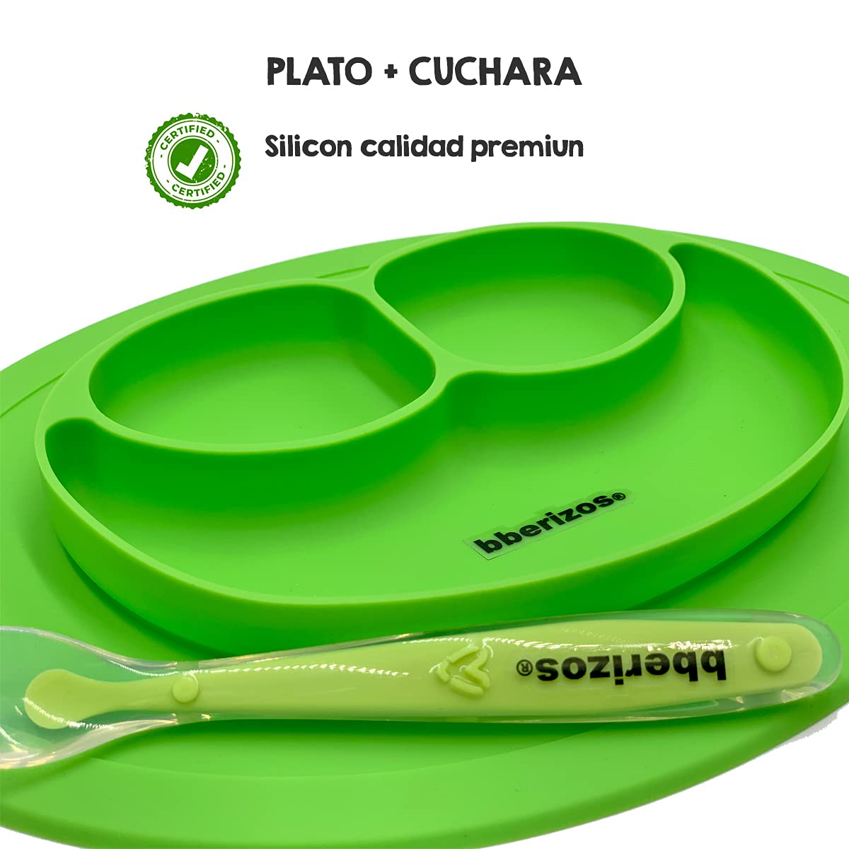 Bberizos| Plato y Cuchara de Silicona Grado Alimenticio para Niño Niña con Divisiones para Alimentos Snacks Papillas Libre de BPA PVC (Verde)