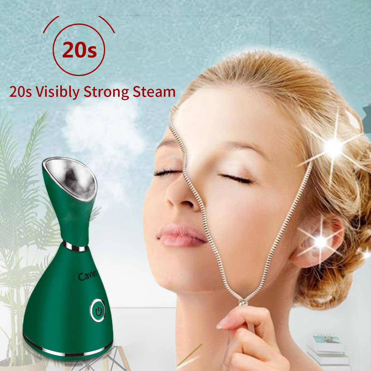 Vaporizador facial nano iónico facial humidificador de niebla cálida, atomizador hidratante facial vaporizador facial para el hogar, sauna y spa, con kit de piel de acero inoxidable de 4 piezas y banda para el cabello (verde)
