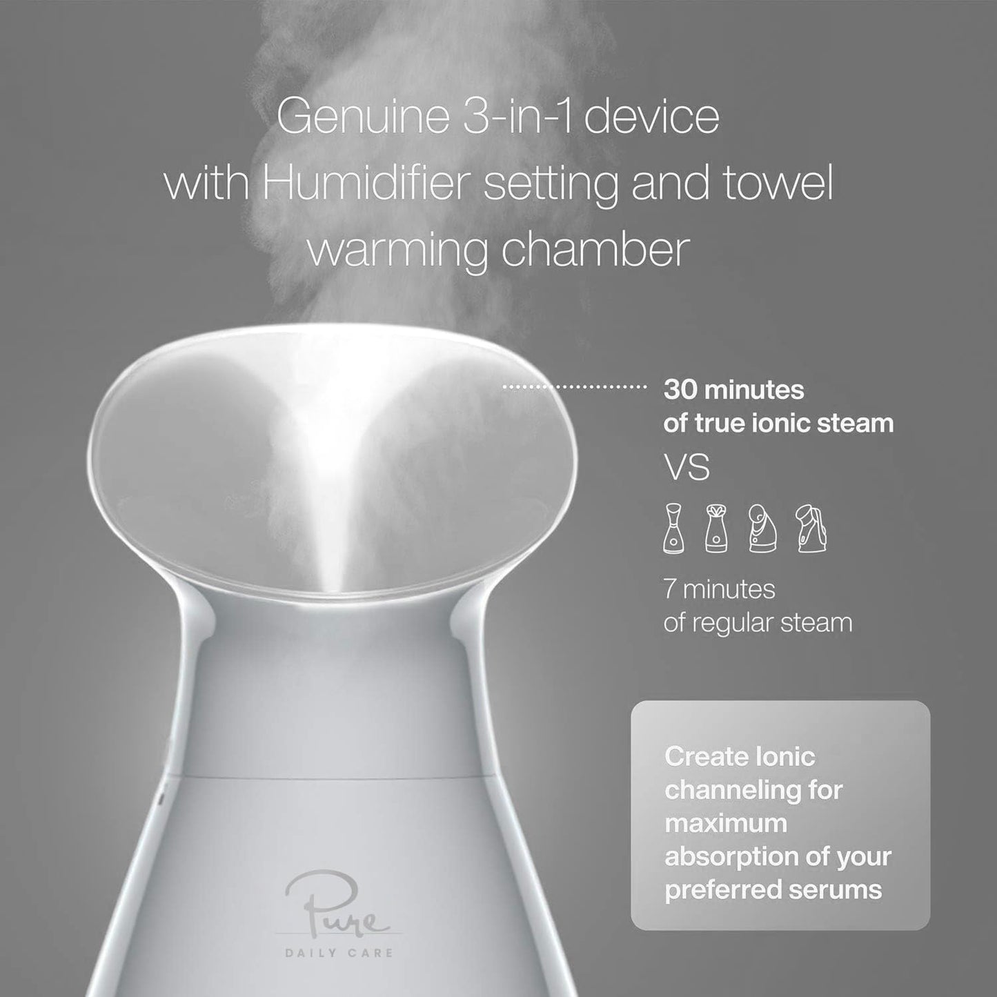 Pure Daily Care Nanosteamer Vaporizador Facial Nano Iónico Grande 3 En 1 Con Control de Temperatura Preciso - Humidificador - Desobstruye Los Poros - Puntos Negros - Calidad Spa - Bonus Kit de Piel de