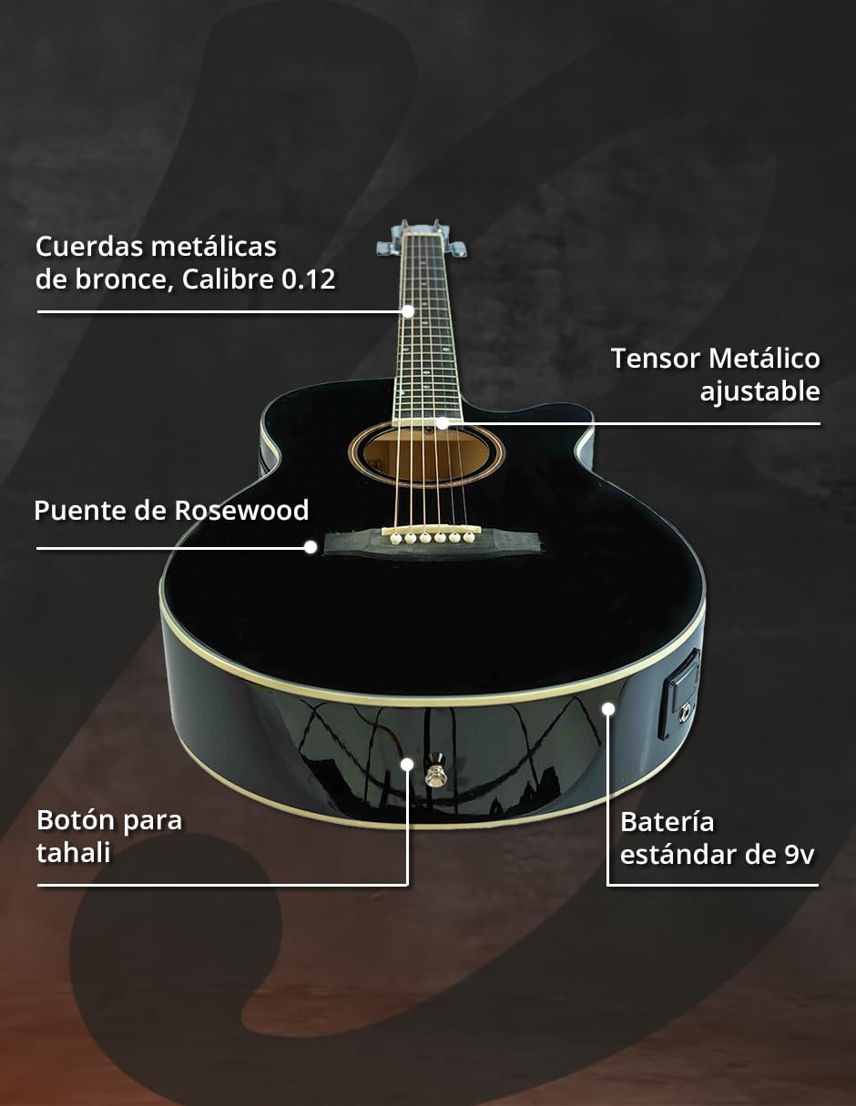 BAMBOO, Guitarra Electroacustica Negra Linden 40 - Incluye Funda - Guitarra Acustica con corte y equalizador para principiantes.