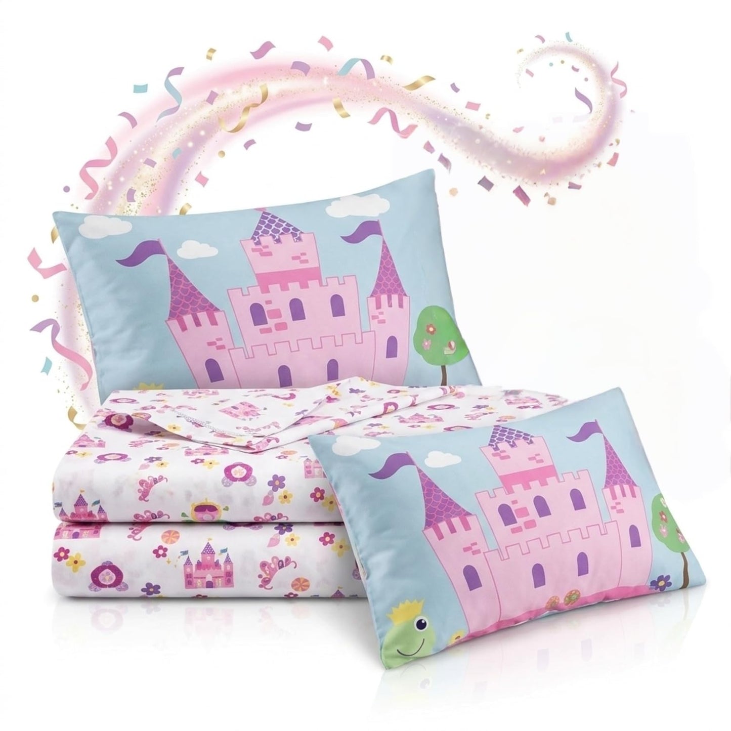 EVERYDAY KIDS Juego de 3 piezas para cama infantil con sábana bajera ajustable, sábana encimera y funda de almohada - Tierra de Princesas - Juego de sábanas para niñas pequeñas de microfibra suave y
