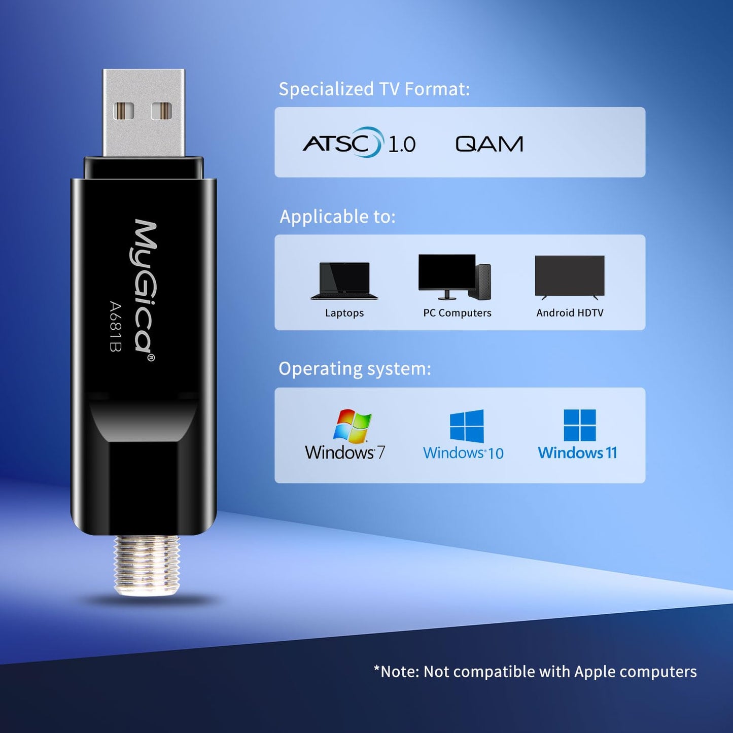 Mygica A681B - Antena de tarjeta sintonizadora de TV USB analógica, ATSC HD, digital, externa, HDTV, adaptador de dongle para ventana, Linux, para computadora, portátil, Android TV Box, navegación de