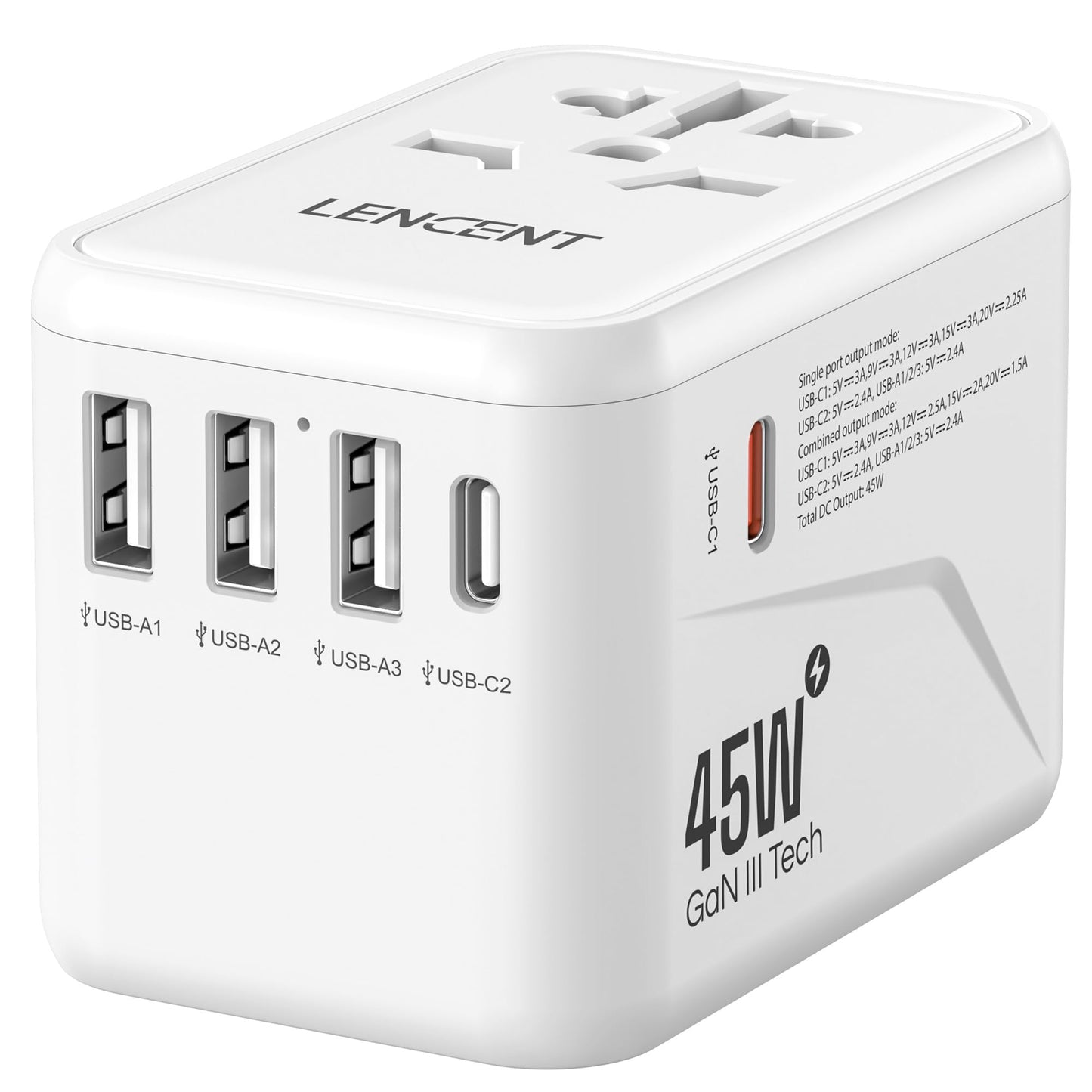 LENCENT Adaptador Universal de Viaje, GAN III 45W Adaptador Internacional con 3 USB y 2 USB-C Carga Rápida, Cargador Universal con Enchufe Tipo A/C/G/I para USA/Europa/UK/Australia/Argentina, Blanco