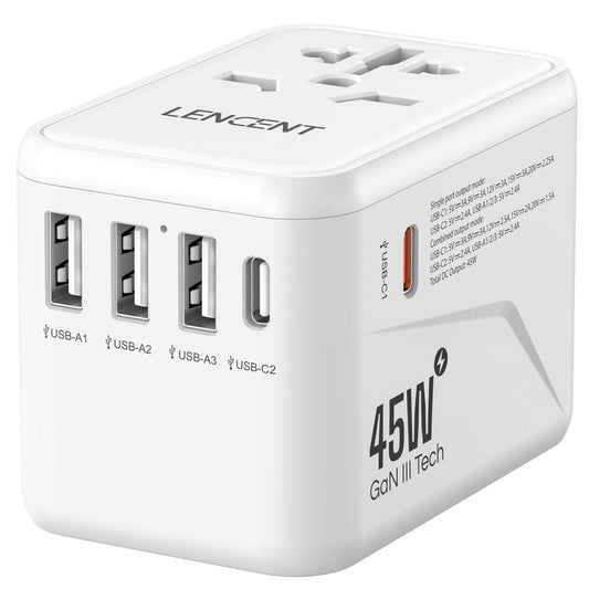 LENCENT Adaptador Universal de Viaje, GAN III 45W Adaptador Internacional con 3 USB y 2 USB-C Carga Rápida, Cargador Universal con Enchufe Tipo A/C/G/I para USA/Europa/UK/Australia/Argentina, Blanco