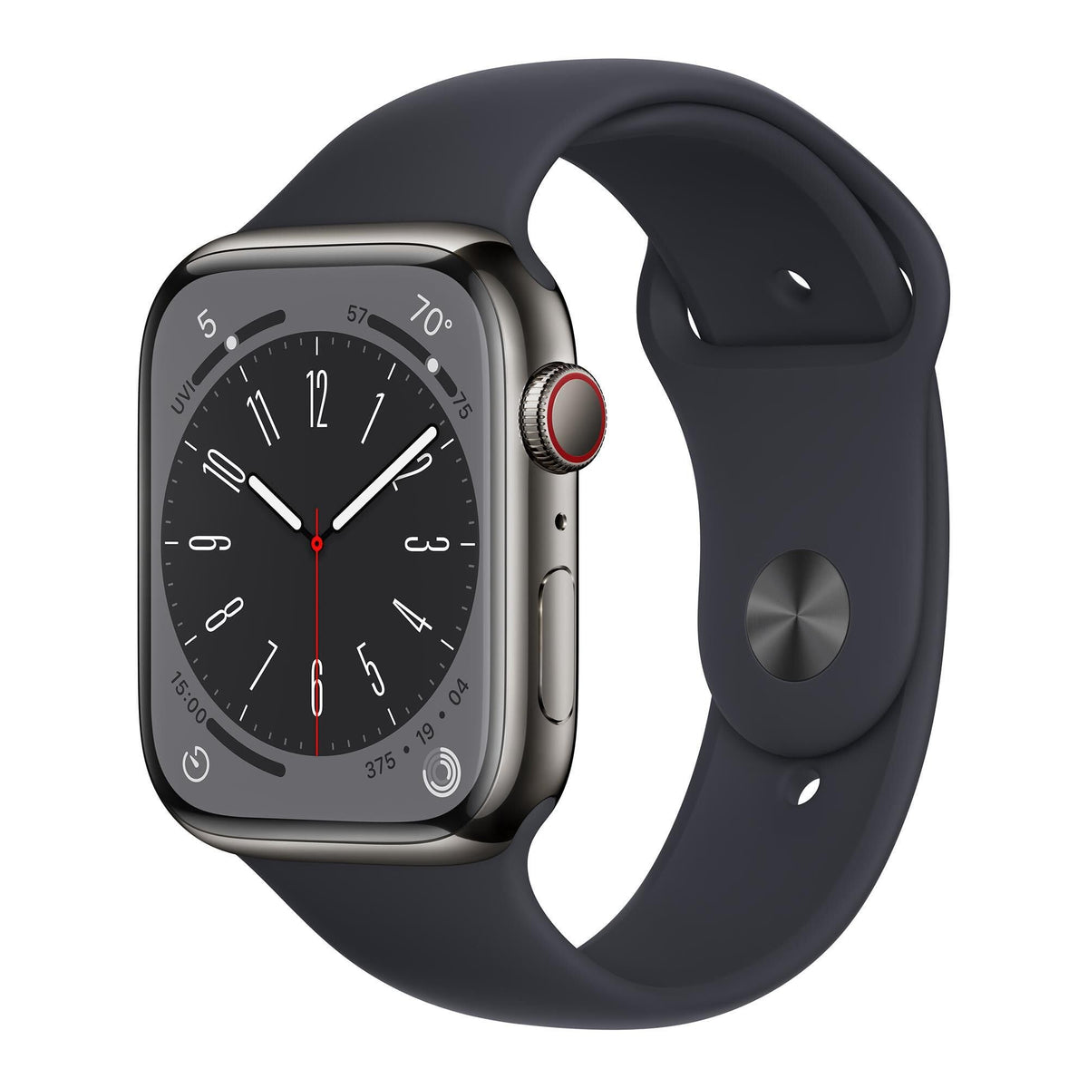 Reloj Inteligente Apple Series 8 Acero Inoxidable Grafito con Correa Deportiva Medianoche Reacondicionado