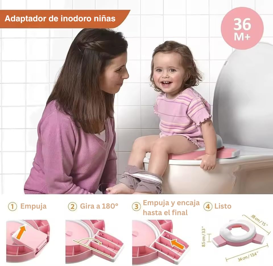 Baño Entrenador Niño 2 en 1 (Bacinica Portátil y Asiento de Inodoro). Para Potty Training. Plegable, Fácil y Seguro, Ideal para Casa, Viajes, Camping. Incluye: Maletita, 5 Rollos de Bolsas (Rosa)