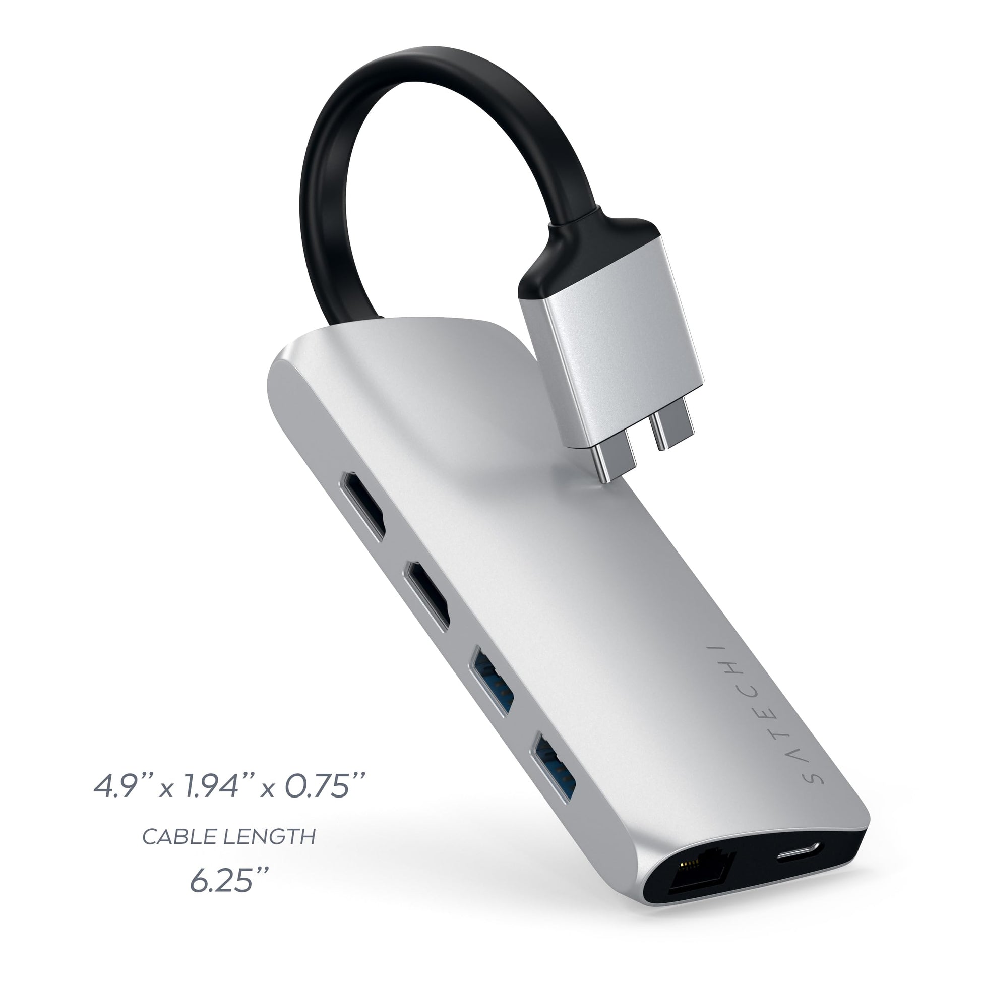 Adaptador USB C Doble Satechi Plata con HDMI 4K y Lector de Tarjetas para MacBook Pro/MAX M2/M1