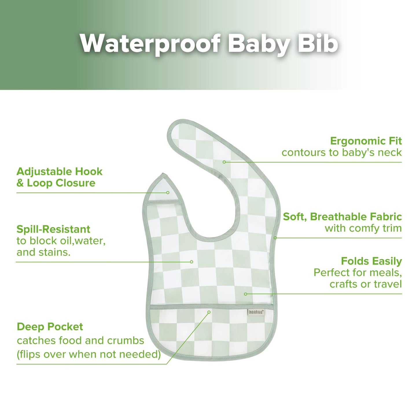 haakaa Baberos a prueba de desorden para comer, ultraligeros e impermeables con bolsillo para alimentos, lavable a máquina, ajuste ajustable para 6 a 24 meses, paquete de 2, Dino Land + días a cuadros