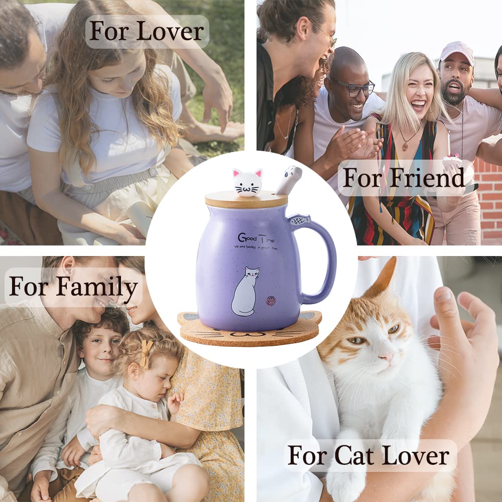 BigNoseDeer - Taza de té Kawaii con infusor y tapa, taza de café de cerámica para gatos morados, regalos de cumpleaños para mamá, regalos para mujeres, novias, niñas, amantes de los gatos (13 onzas)
