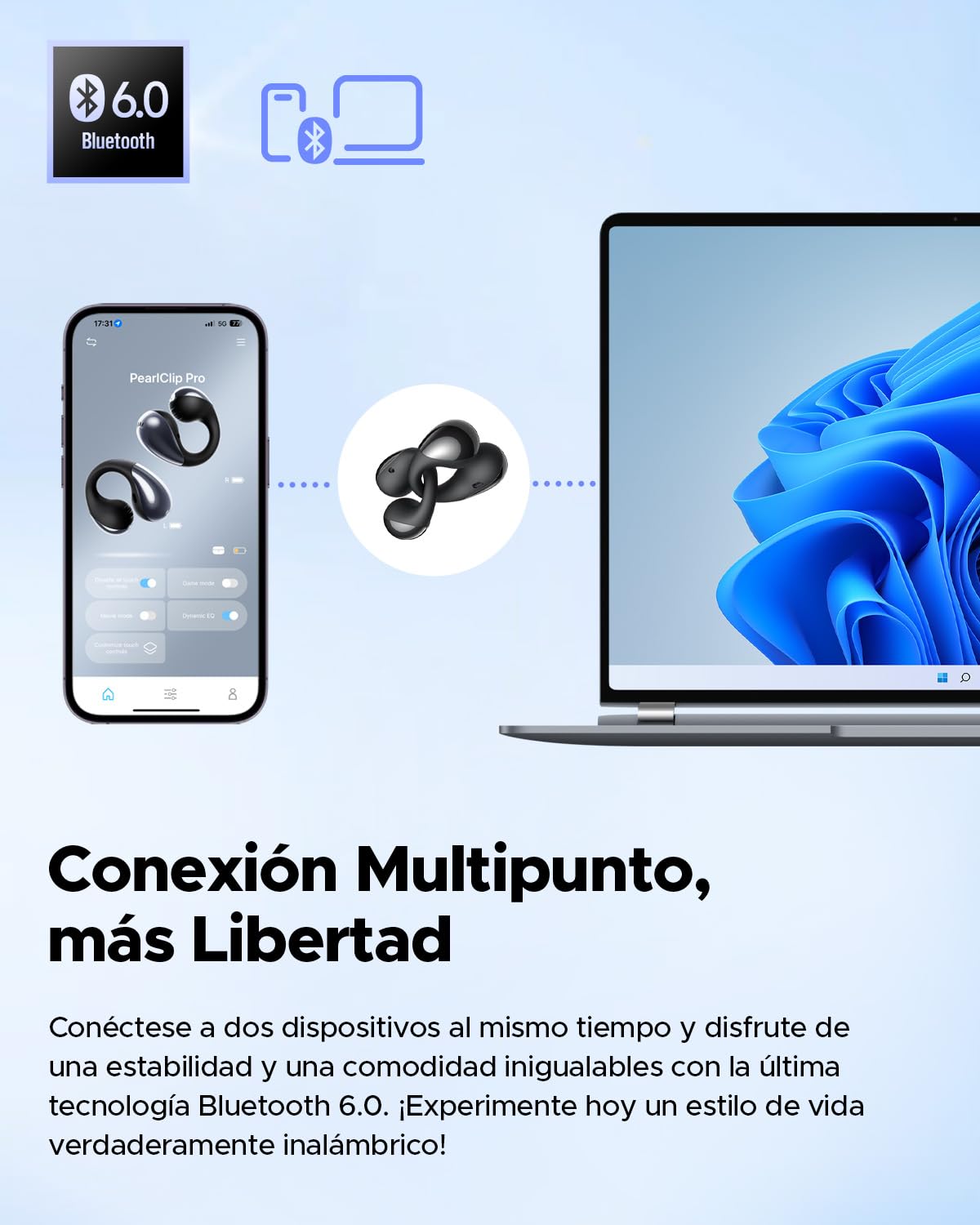 Audífonos Inalámbricos Open-Ear SoundPEATS PearlClip Pro Negro
