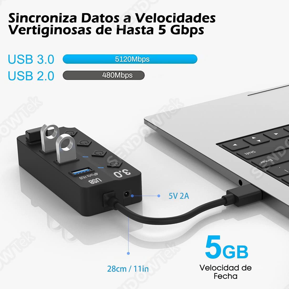 Hub USB Sendowtek Negro 3.0 Universal de 4 Puertos con Interruptores y LED