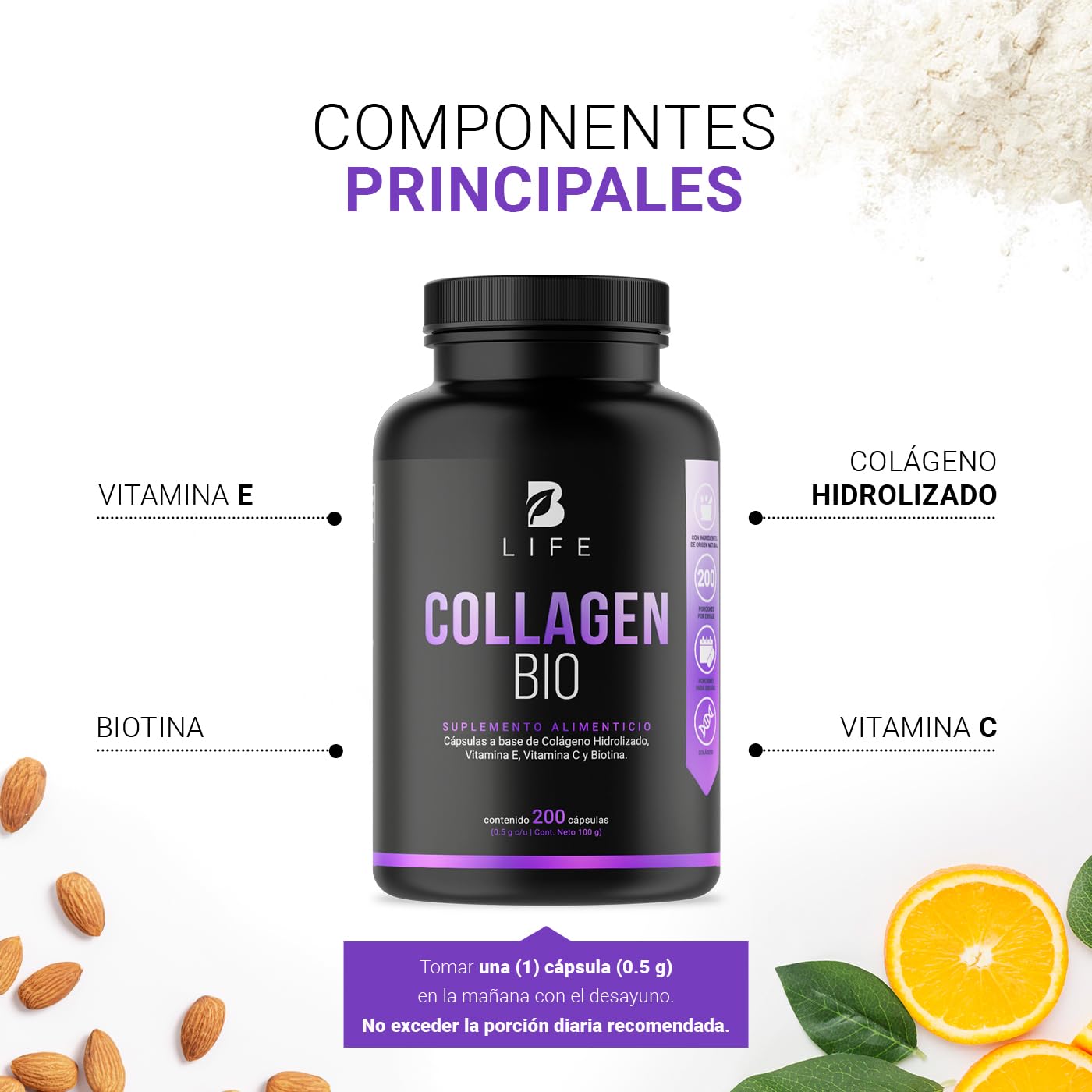 Biotina de 200 Cápsulas. Ingredientes naturales: Colágeno, Vitamina E y Vitamina C. Collagen Bio B Life.