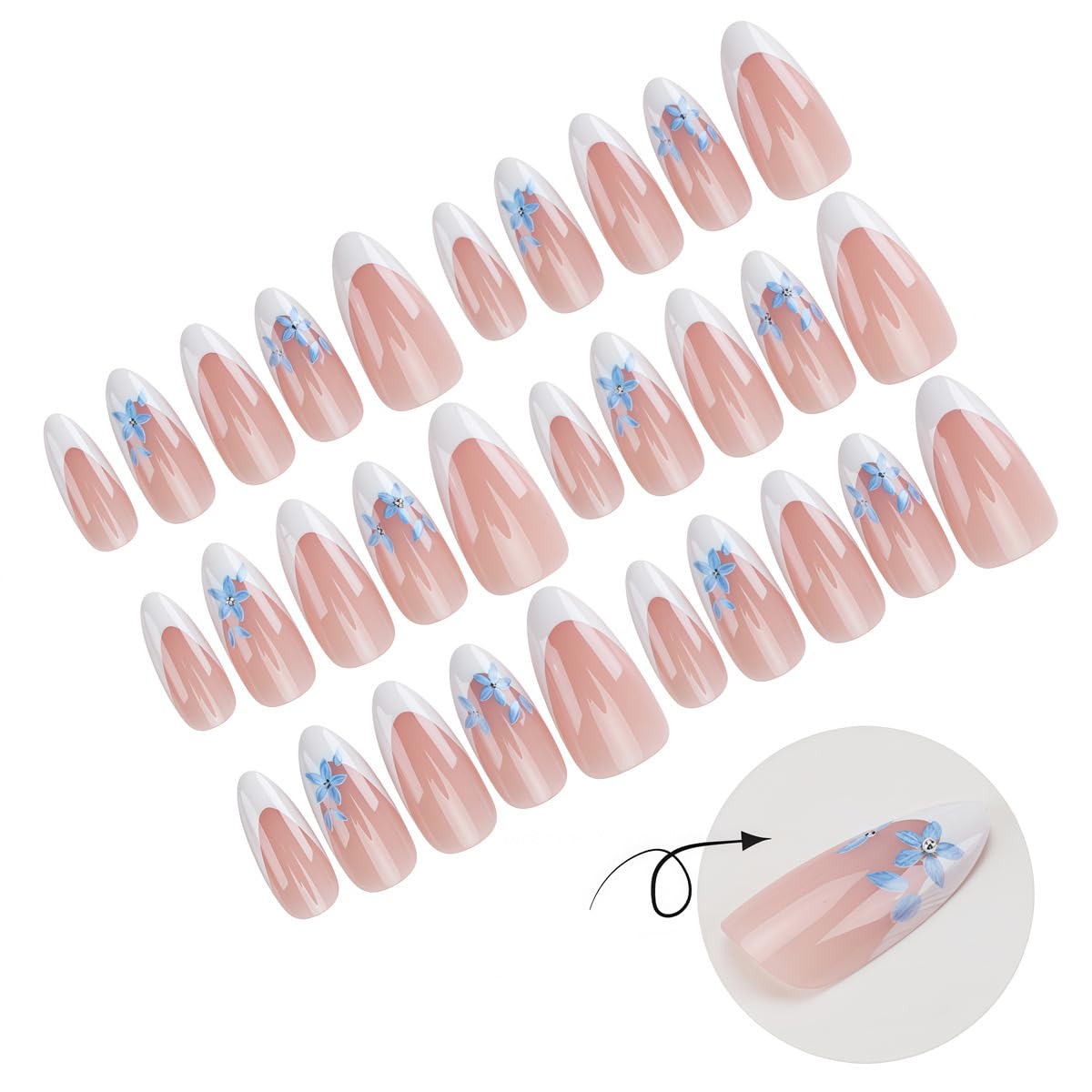 Uñas Postizas de Cortas Largas de Francesa, Adhesivas Uñas Press on Nails de Cobertura Completa, Uñas Falsas Decoradas Acrílico Natural para Mujeres y Niñas (J, 1ml)