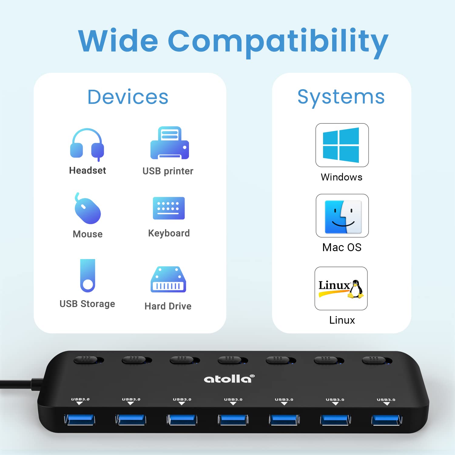 atolla Hub USB 3.0, 7 Puertos Multi USB 3.0 SuperSpeed 5Gbs, Adaptador USB con 7 Interruptores e Indicadores Individuales Compatible con Windows, Mac OS, Linux y Otros Sistemas operativos