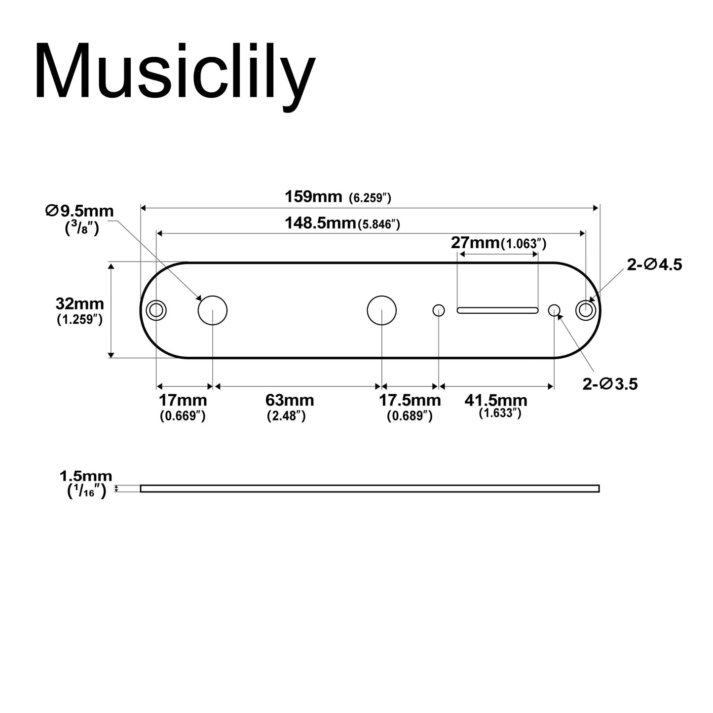 Musiclily Pro 32mm Acero Placa Control Telecaster para Guitarra Eléctrica tipo Tele, Cromado