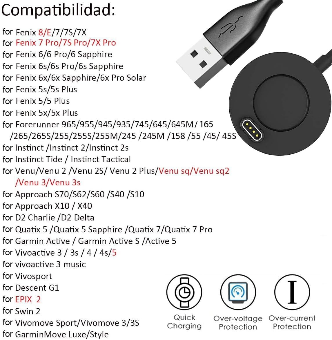 USTIYA Cargador para Garmin Fenix 8 E 7 7X 7s 6 6s 6X Pro Plus 5 5S 5X 5S Plus Forerunner 165/965/955/945/265/255/245,Vivoactive 3 4 4s,Venu 3/3s/2/sq2,Epix 2 Instinct Smart Watch Cable