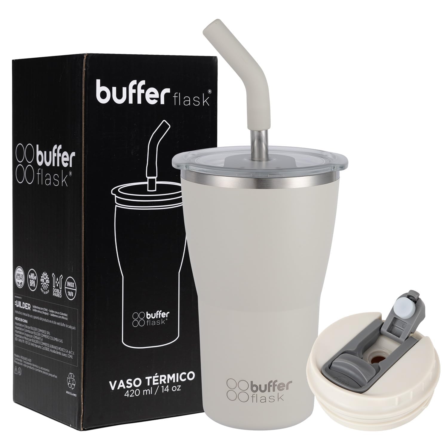 Buffer Flask - Vaso Térmico 420 ml - Termo para Café y Agua de Acero Inoxidable - Tapa Anti Derrame y Fugas - Taza Tumbler Mug para Bebidas Frías y Calientes - Incluye Popote - Color Ivory
