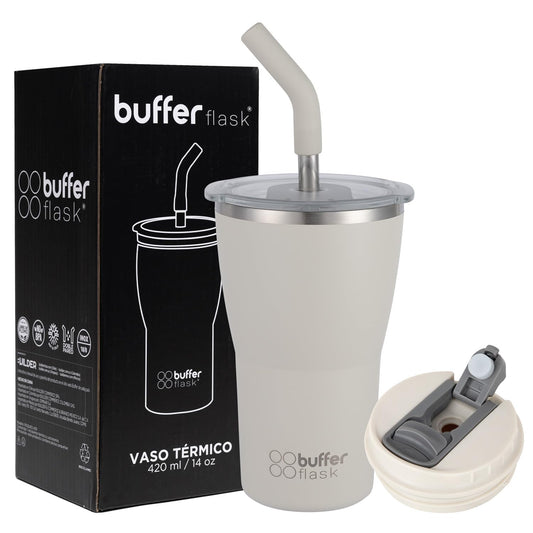 Buffer Flask - Vaso Térmico 420 ml - Termo para Café y Agua de Acero Inoxidable - Tapa Anti Derrame y Fugas - Taza Tumbler Mug para Bebidas Frías y Calientes - Incluye Popote - Color Ivory