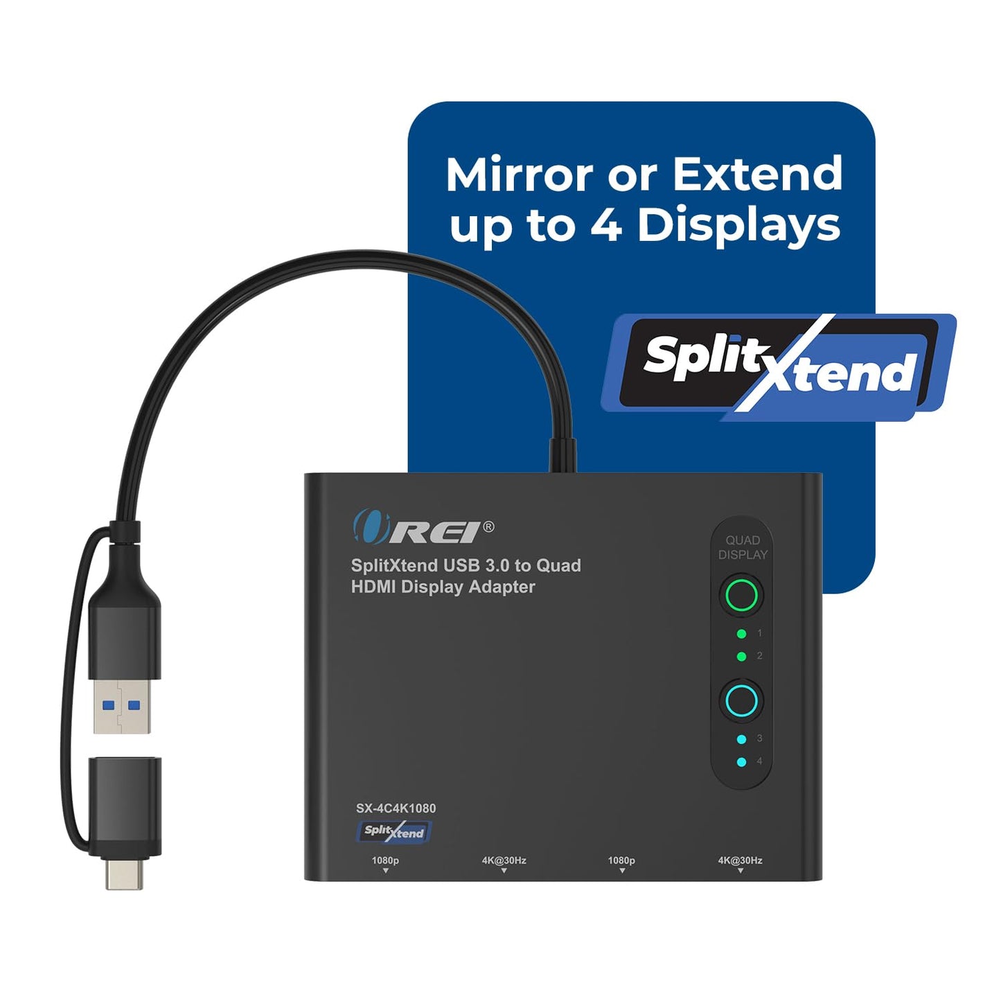 Adaptador USB-C a HDMI 2.0 OREI Negro con Visualización Extendida para Monitor Cuádruple, Salidas 4K@30Hz, para Multimonitor 5 Pantallas Separadas