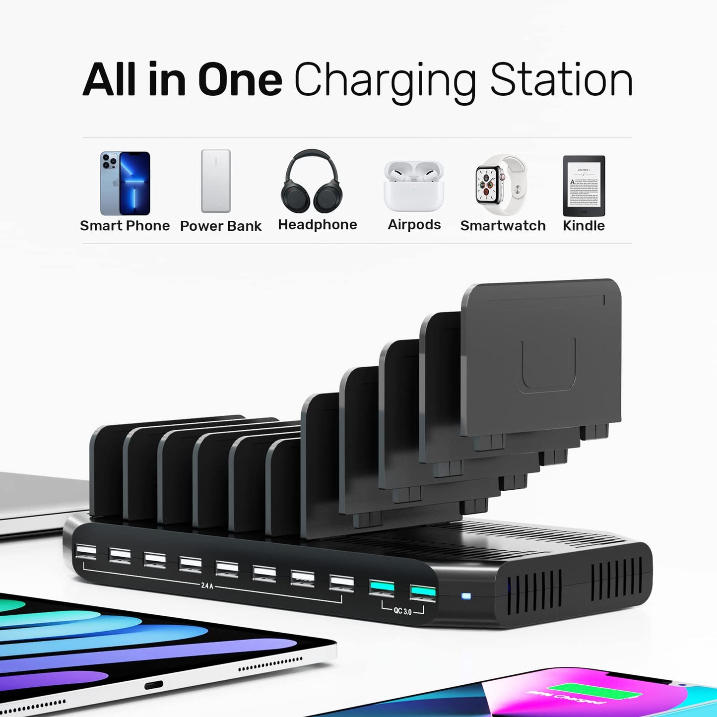 Estación de Carga USB Unitek Gris con Soporte Organizador de Carga Rápida 3.0 para Smartphone, Tablet e iPad
