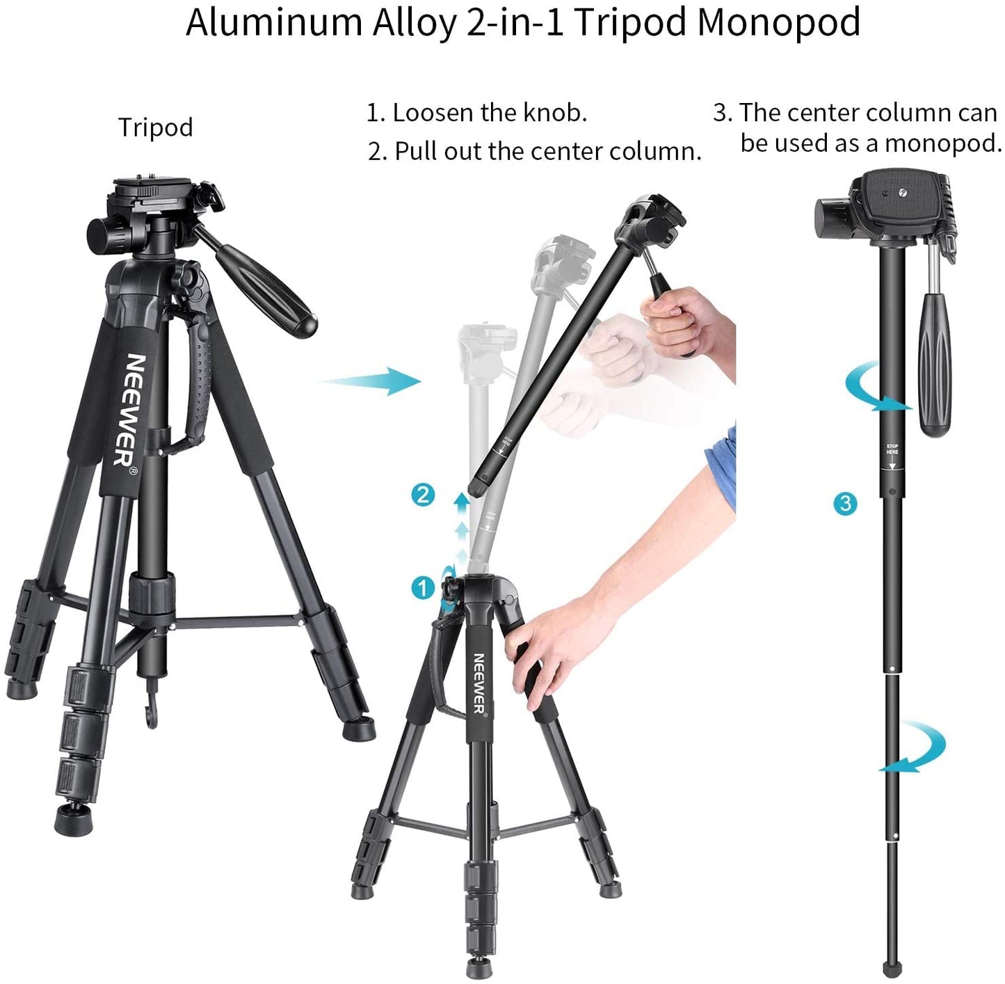 Trípode Monopié NEEWER Negro 177 cm de Aluminio con Cabezal Giratorio para DSLR Cámara DV Videocámara