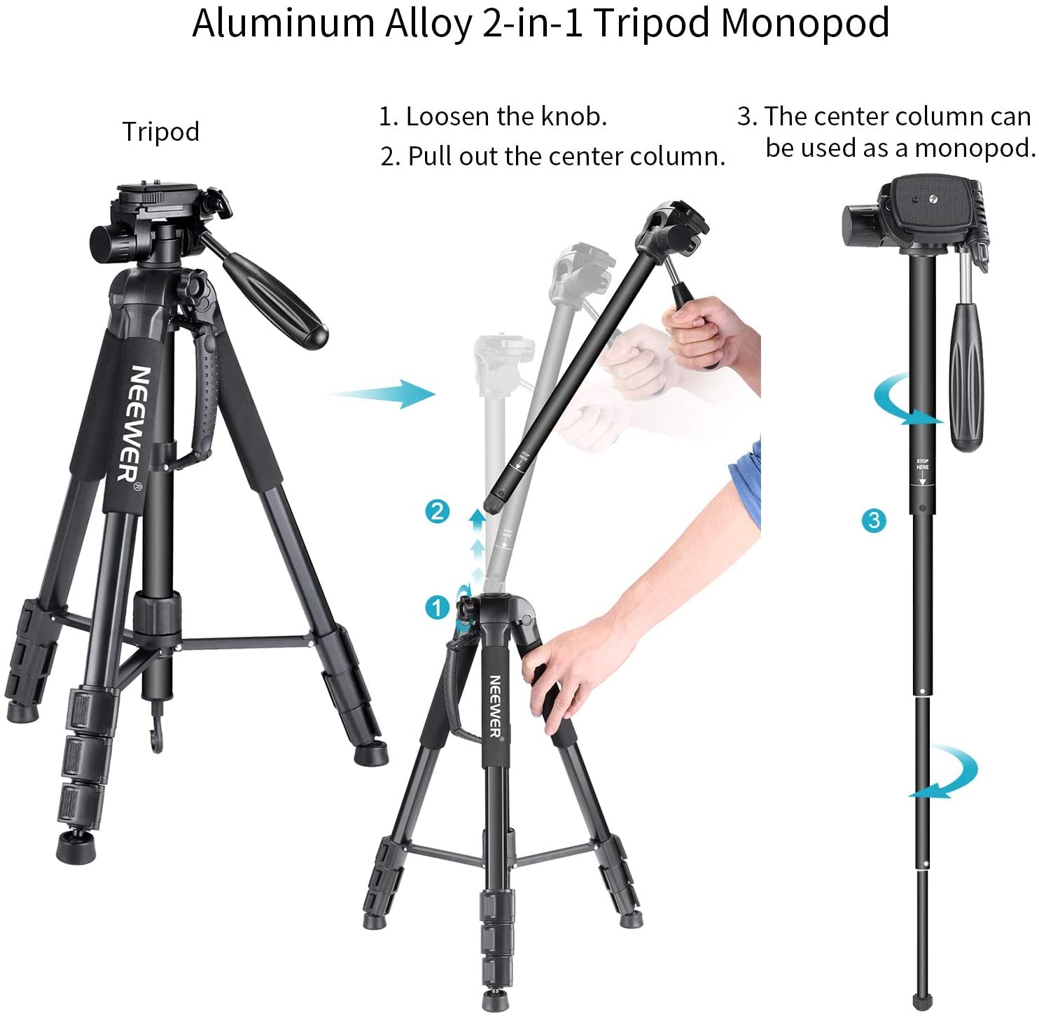 Trípode Monopié NEEWER Negro 177 cm de Aluminio con Cabezal Giratorio para DSLR Cámara DV Videocámara