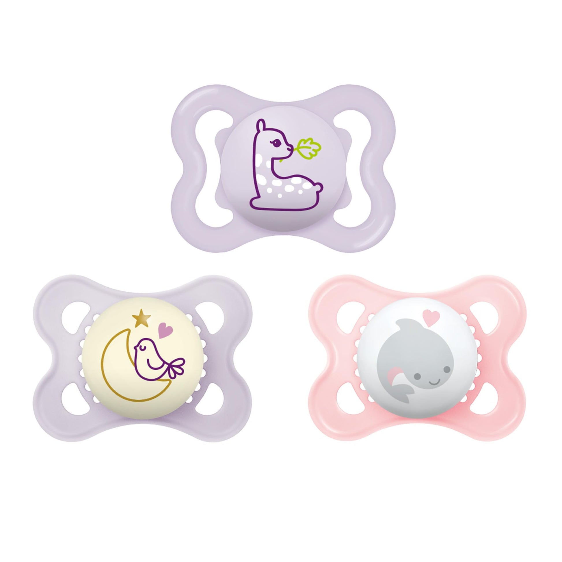 MAM - Paquete variado de chupetes, incluye 3 tipos de chupetes, la forma de pezón ayuda a promover un desarrollo oral saludable, paquete de 3, 0-6 meses, niña
