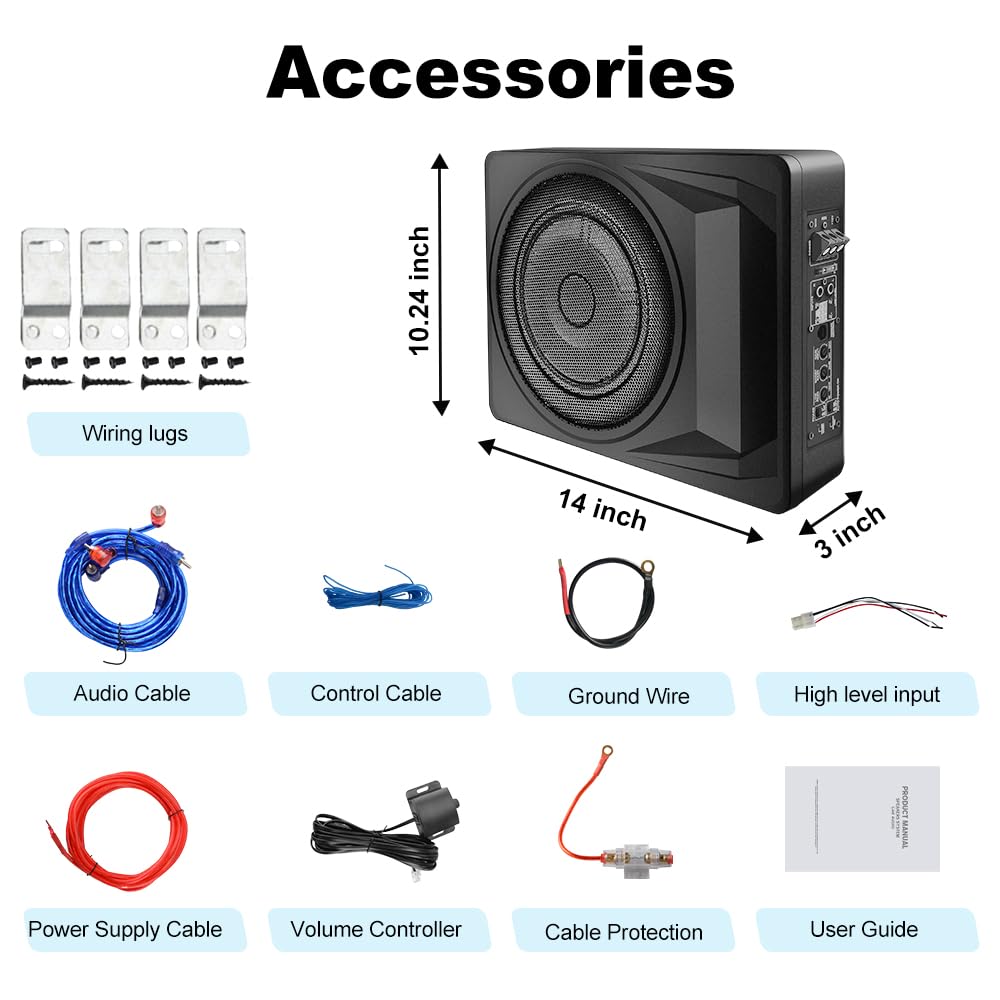 litillbuly Subwoofer de coche de 10 pulgadas, 1200 W, subwoofer delgado para debajo del asiento, entrada de nivel alto/bajo, subwoofer de audio para coche/camión, subwoofer integrado