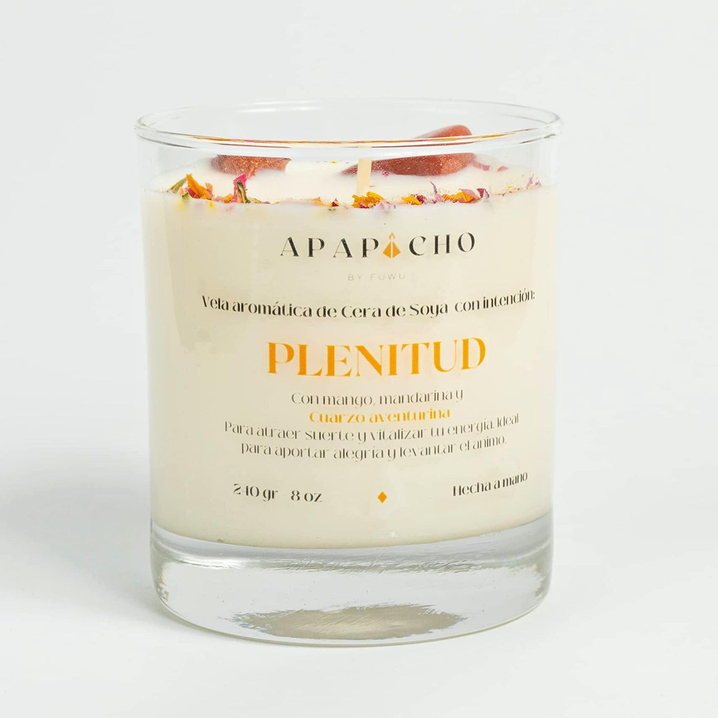 Fuwu, velas aromaticas relajantes de cera de soya con cuarzos naturales, velas decorativas hechas a mano con hierbas de olor, aromatizantes para hogar, velas aromaticas (Mandarina con Mango)