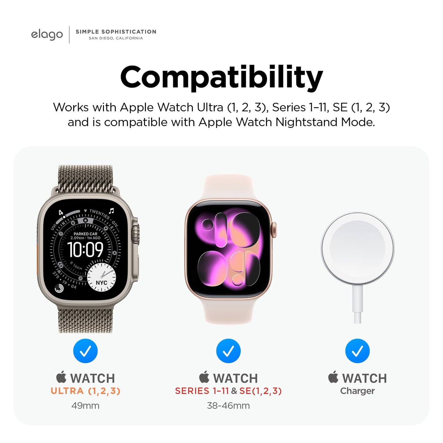 elago W2 Soporte de Cargador Compatible con Apple Watch Series Ultra3/Ultra2/Ultra,11/10/9/8/7/6/5/4/3/2/1,SE3/SE2/SE (49,46,45,44,42,41,40,38mm), Silicona Duradera,Modo Mesita Noche,Cable NO Incluido