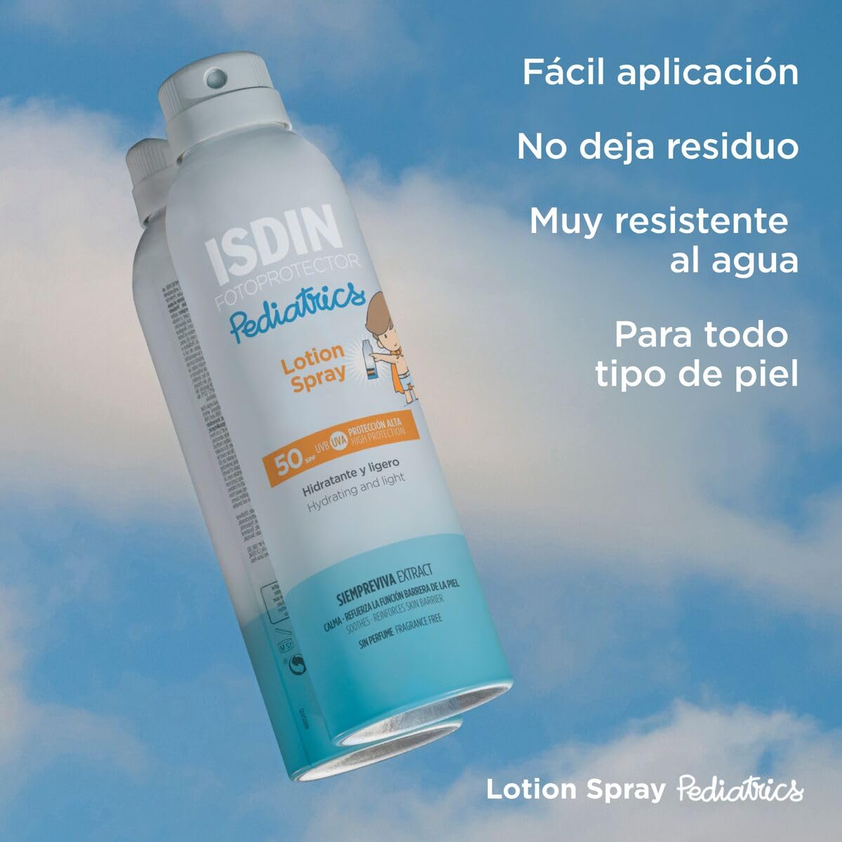 ISDIN fotoprotector lotion spray pediatrics spf 50, protector solar corporal para ninos, textura muy hidratante de absorcion inmediata para la piel del nino, 250ml