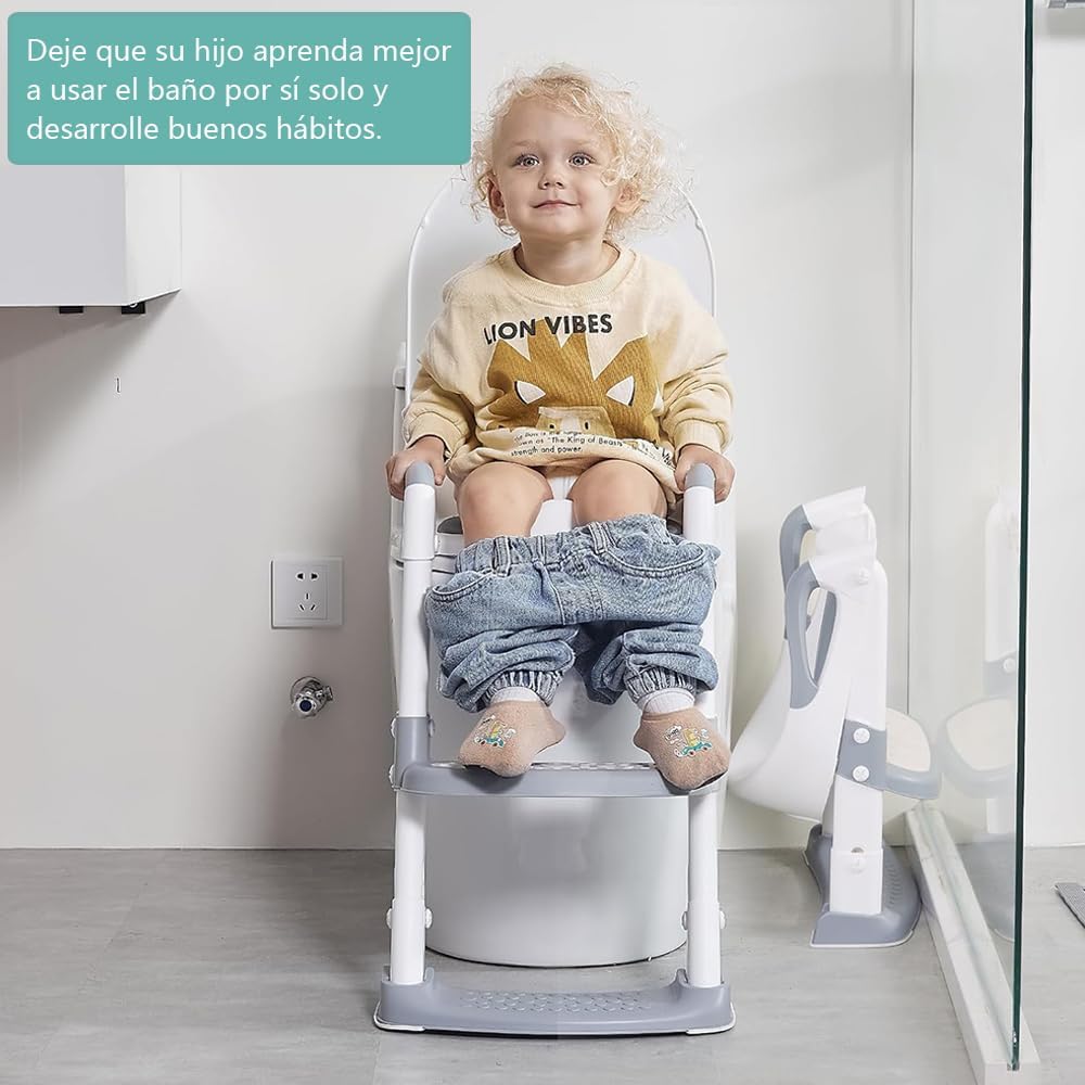 Jiula Asiento de Entrenamiento para Baño con Escalera Antideslizante - Asiento Entrenador para Baño Niño, Taburete Plegable Infantil para Taza, con Acolchonado, Asiento Ergonómico Gris, A, Cojín Dura