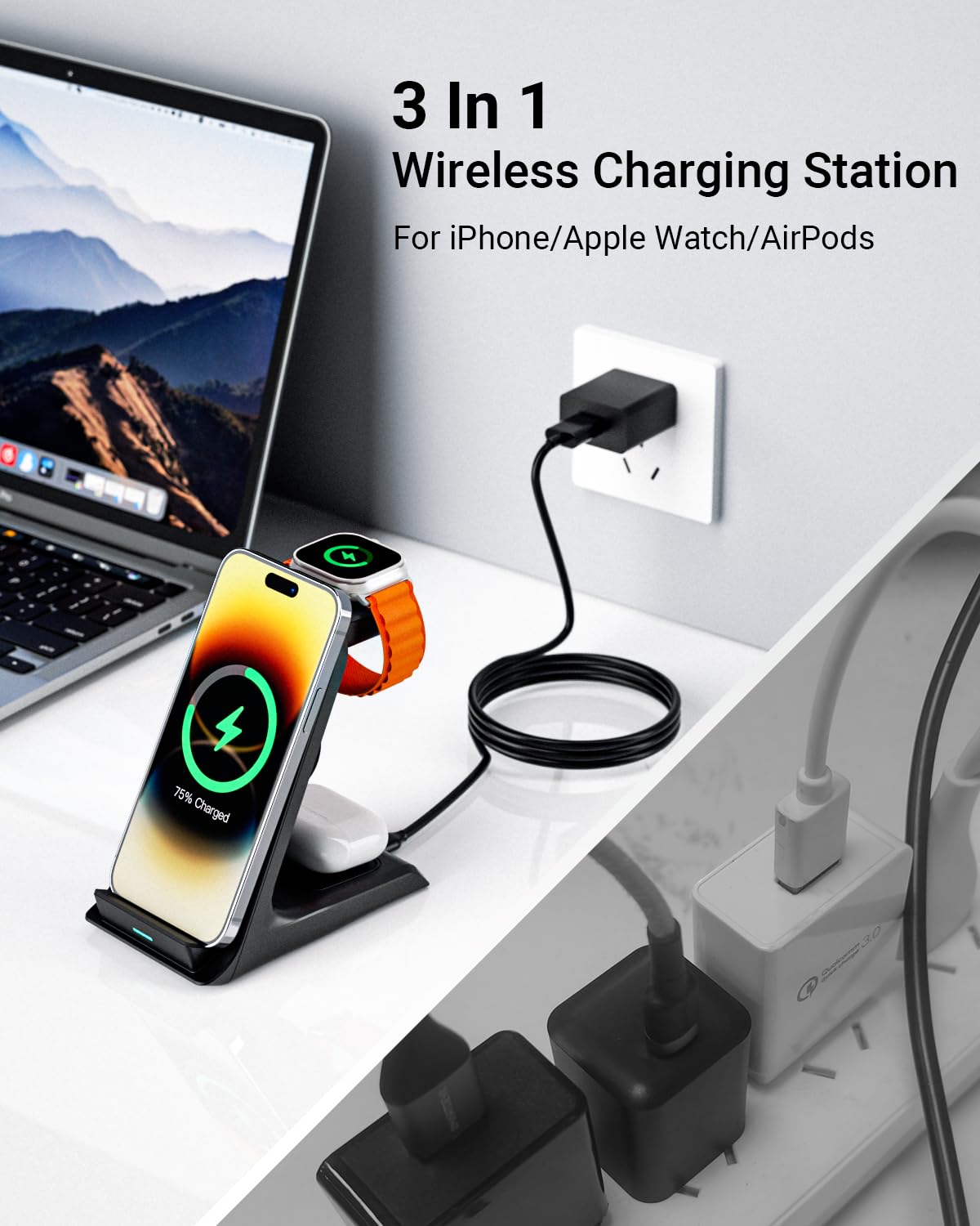 Cargador Inalámbrico Eazpower Compatible con Otterbox y Popsocket Base de Carga 3 en 1 para iPhone Pro Max para Fundas Gruesas de 10 mm