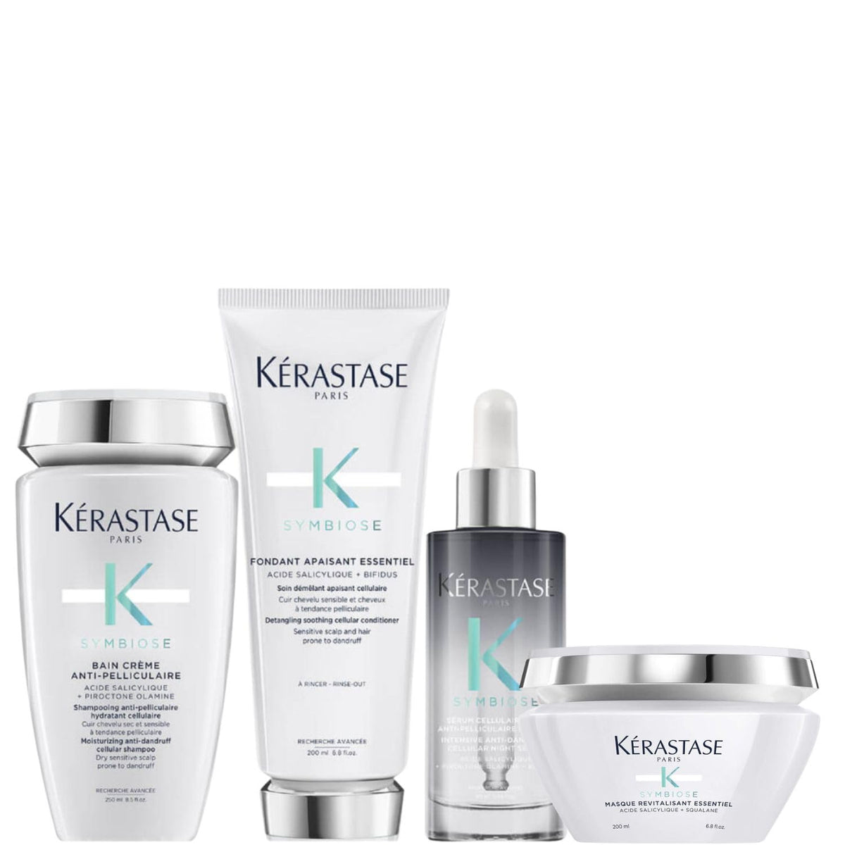 KERASTASE Resistance Kit Tratamiento Para Prevenir la Caspa en el Cabello Shampoo Bain Purete Anti Pelliculaire (250 Ml) + Acondicionador Fondant Apaisant Essentiel (200 Ml) + Mascarilla Revitalisant Essentiel (200 Ml) y Serum Cellulaire Nuit Anti-Pellicu