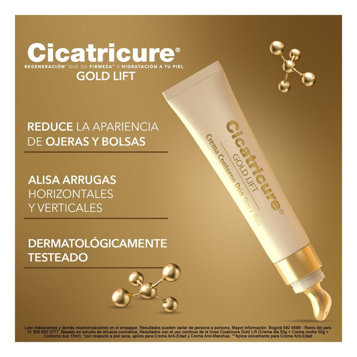 CICATRICURE - GOLD LIFT Contorno Dúo, Ojos y Boca. En 6 semanas reduce arrugas perioculares y código de barras, con péptidos con Oro, Calcio y Silicio, tubo con 15g