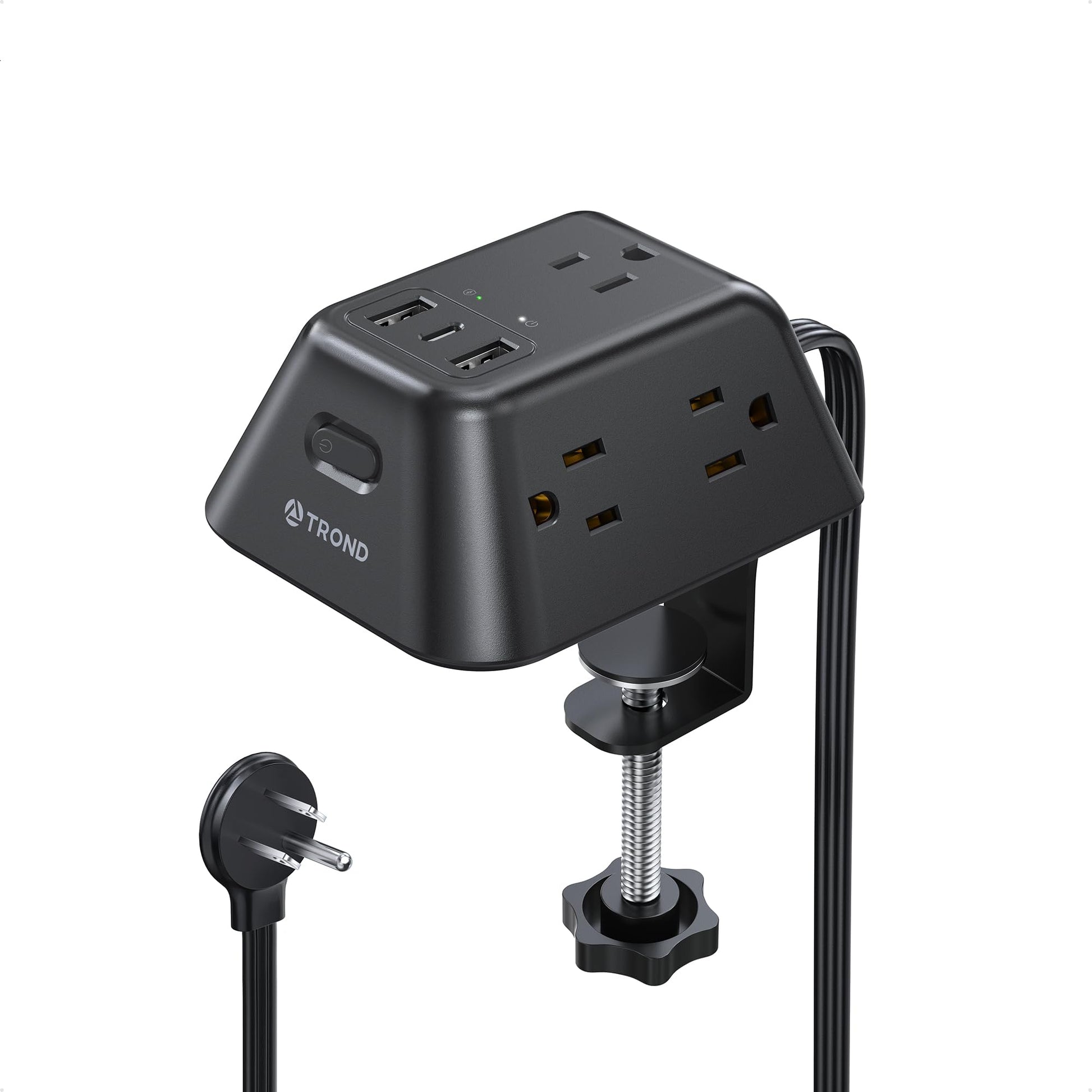TROND Regleta Multicontacto con Abrazadera 1.8M, 5 Tomas AC y 3 Puertos USB, Protector de Sobretensión, Montaje en Escritorio, Apto para Mesas de 1.97", Ideal para Hogar, Oficina y Juegos,Negro
