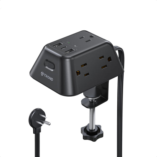 TROND Regleta Multicontacto con Abrazadera 1.8M, 5 Tomas AC y 3 Puertos USB, Protector de Sobretensión, Montaje en Escritorio, Apto para Mesas de 1.97", Ideal para Hogar, Oficina y Juegos,Negro