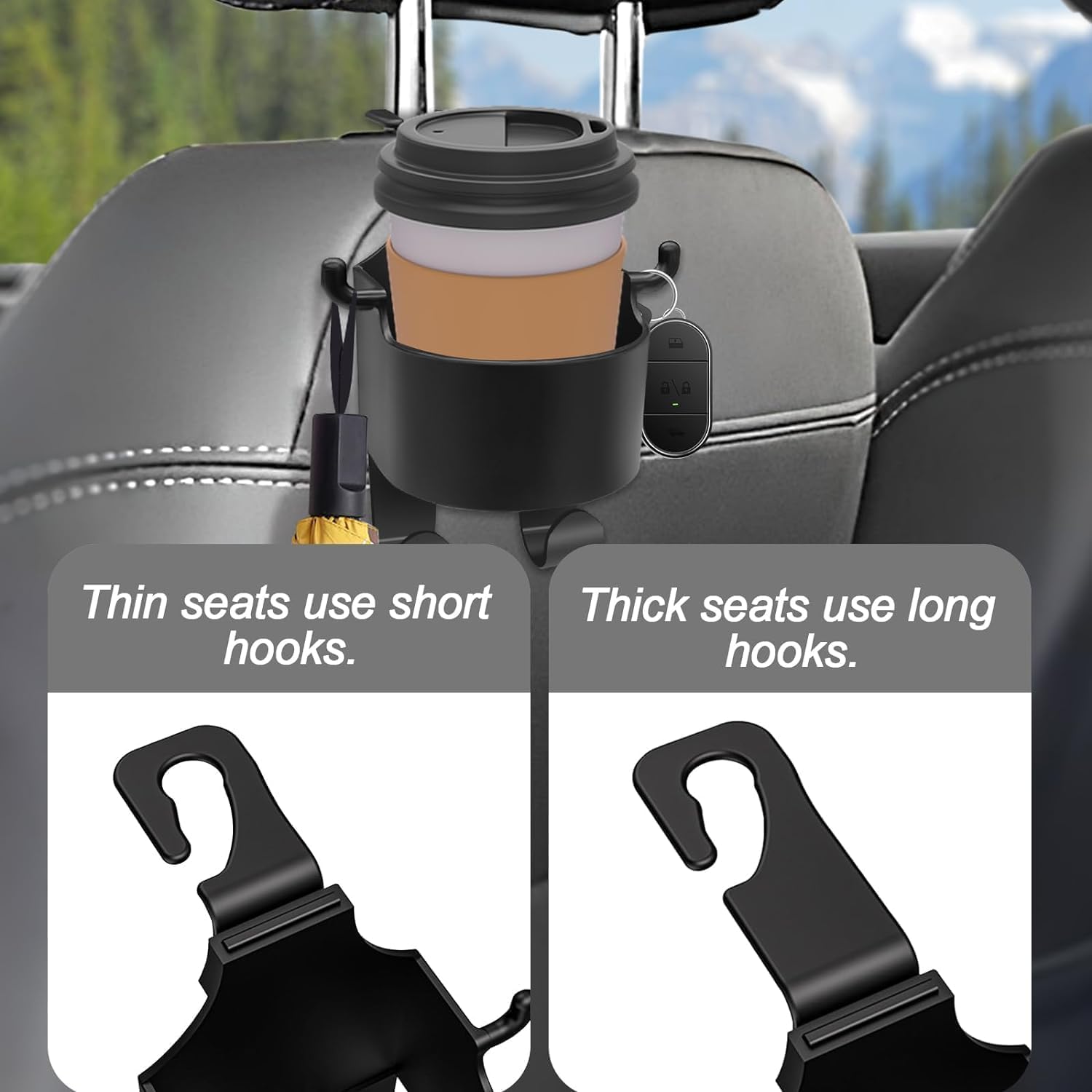 Gancho Multifuncional Walquicks Negro con Soporte para Taza y Portavasos para Respaldo de Asiento de Automóvil