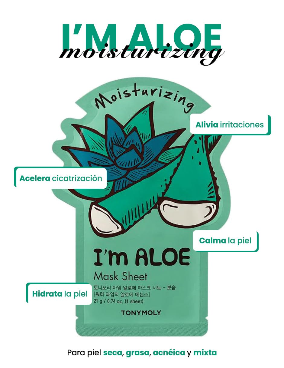 Tonymoly - Mascarilla Facial Hidratante de Aloe I´m Real 5Pzas.